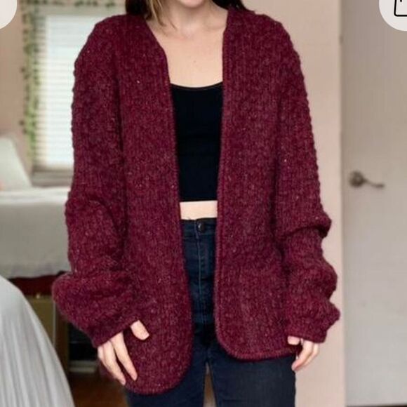 Harrington Square Plum Wool Blend Chunky Knit Open Cardigan Size M - Picture 2 of 10